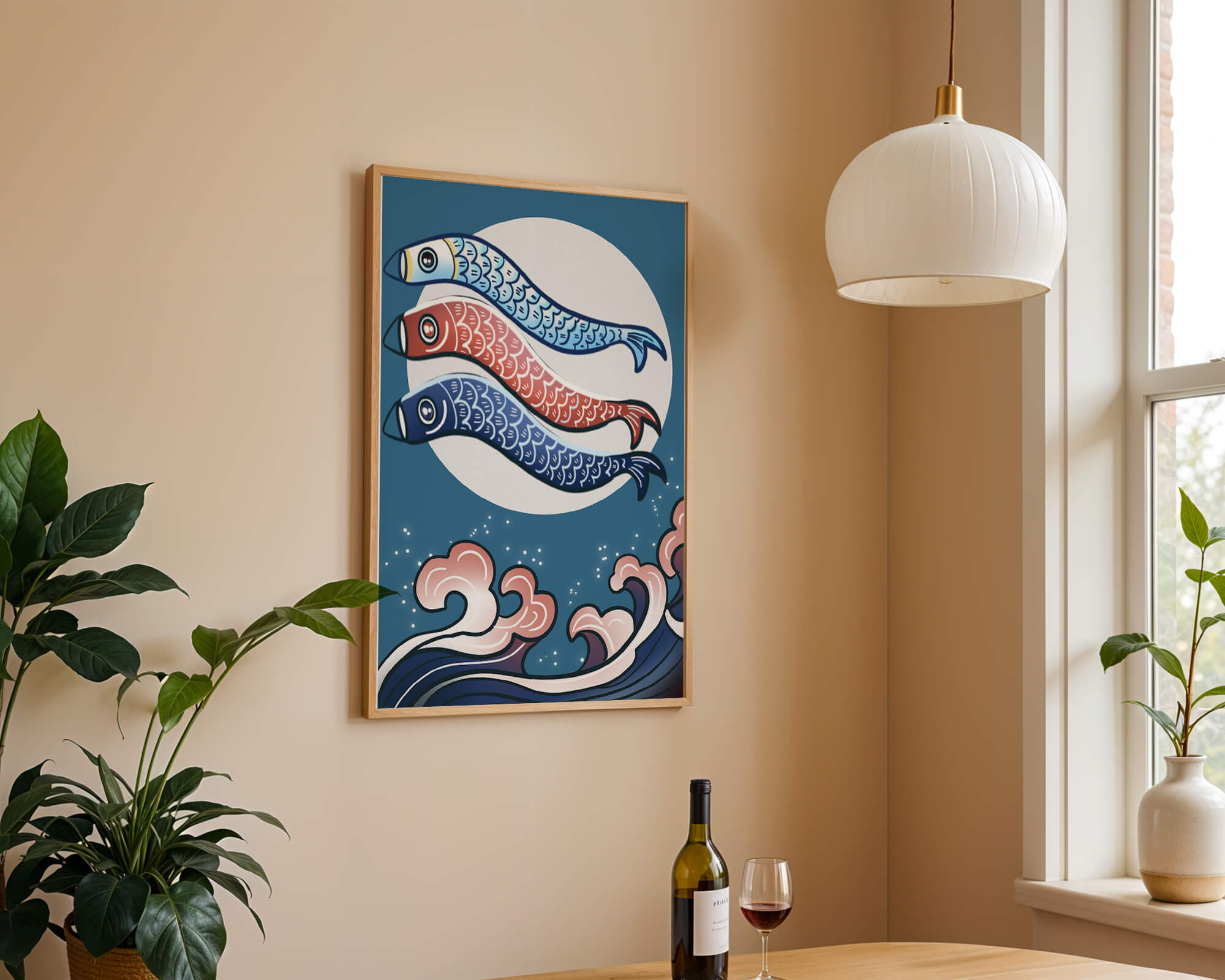 Colorful koi fish kites against a full moon with ocean waves