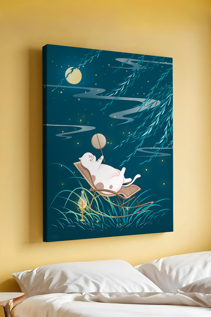 Adorable ilustración de un gato relajándose en un jardín iluminado por la luna con linterna