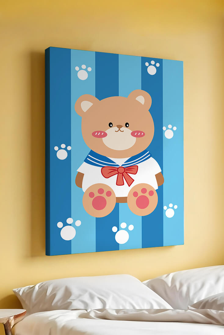 Adorable cartoon bear with sailor suit against striped background