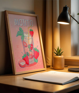Ilustración de un mojito de fresa con fondo rosa vibrante y diseño juguetón