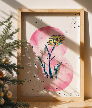Abstract Floral Design with Pink Circles and Yellow Flower on White Background