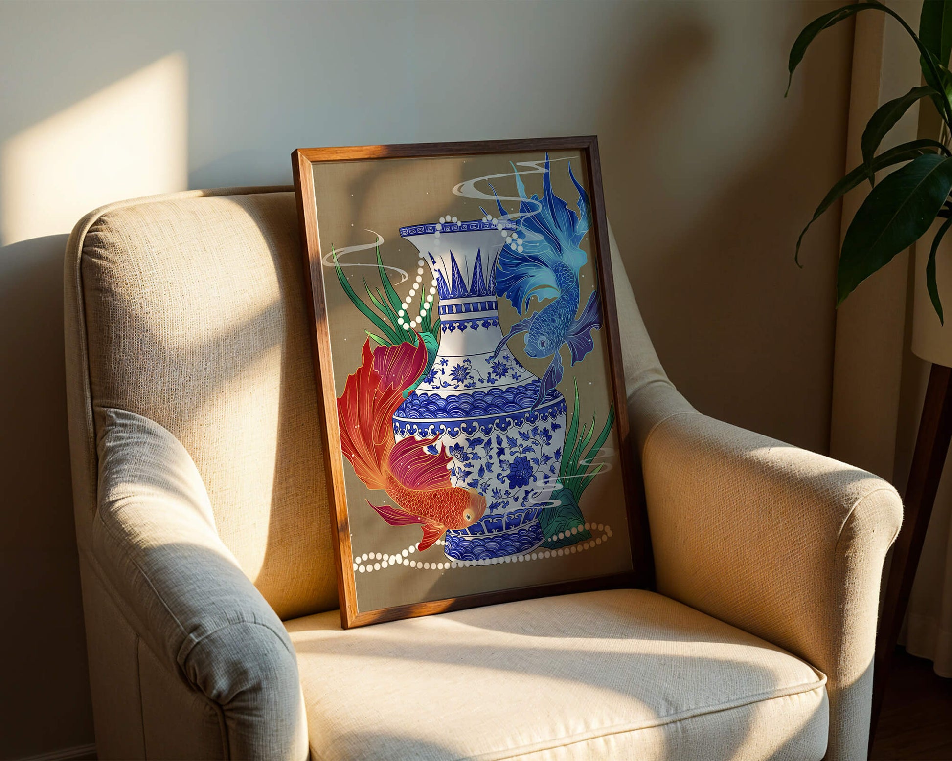 Elegant ceramic vase with vibrant fish and floral design
