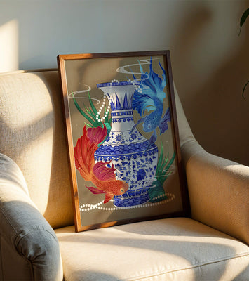 Elegant ceramic vase with vibrant fish and floral design