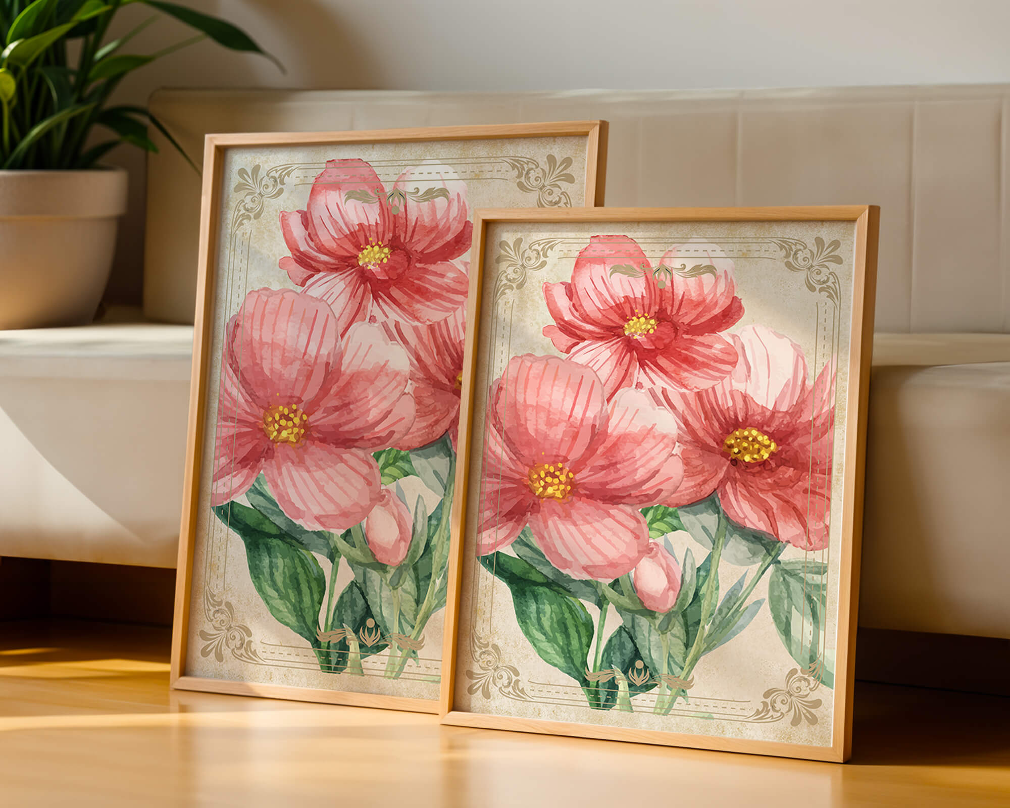 Watercolor floral illustration with pink blooms and green foliage