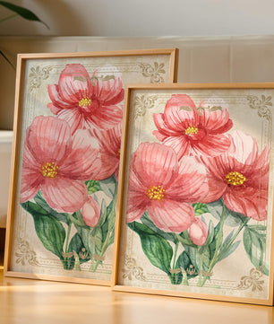 Watercolor floral illustration with pink blooms and green foliage