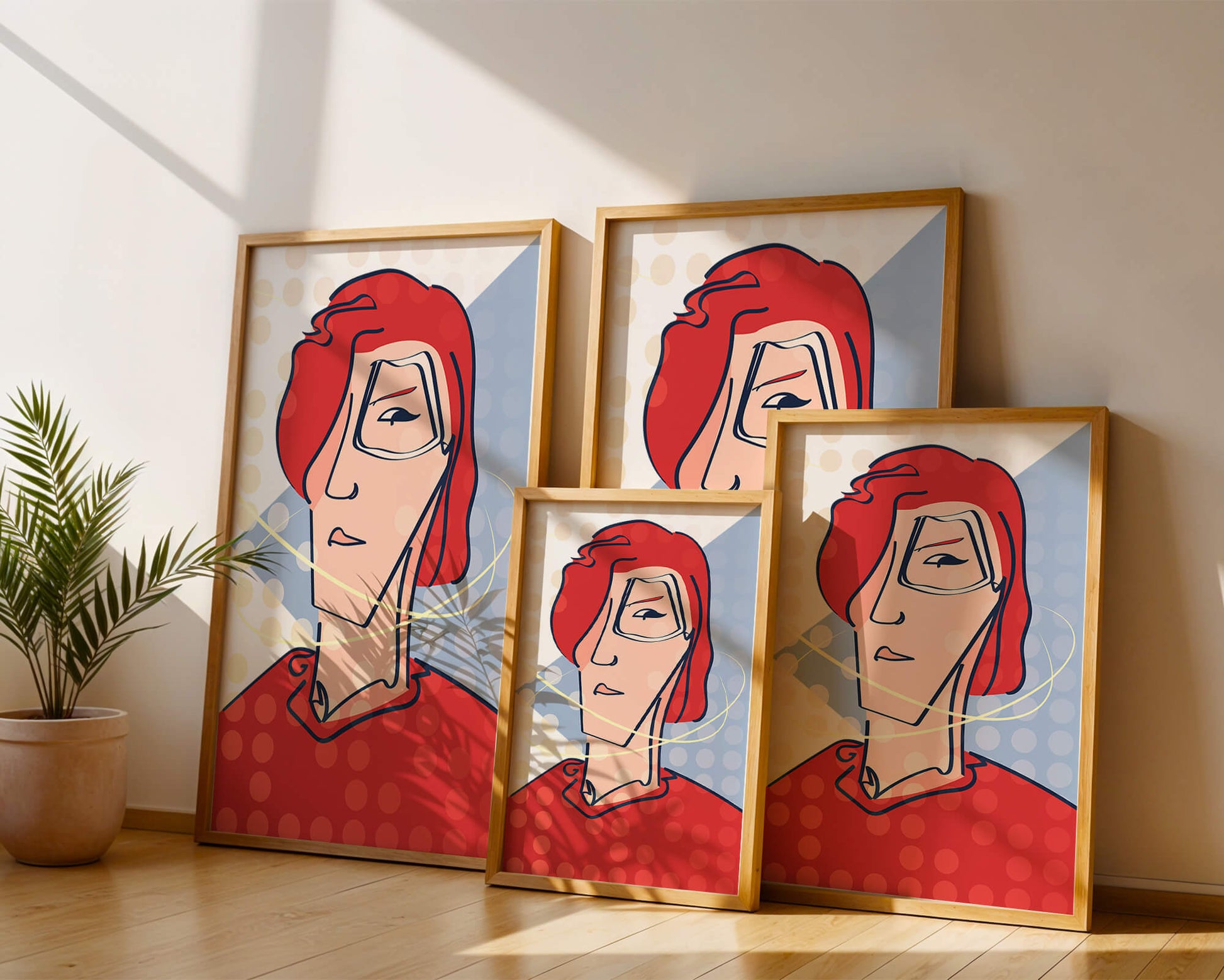 Retrato abstracto con cabello rojo y fondo punteado