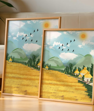 Sunny Countryside With Birds And Golden Fields