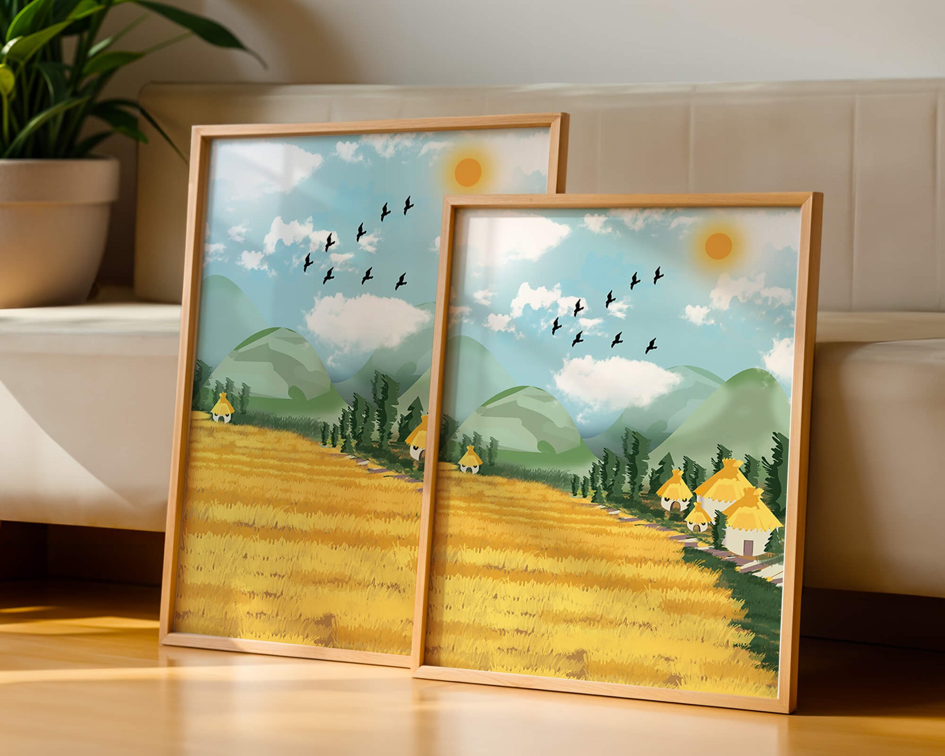 Sunny Countryside With Birds And Golden Fields