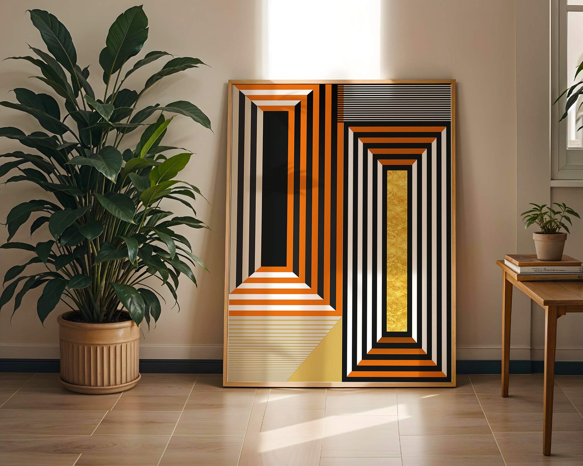 Geometric Abstract Art with Stripes and Gold Element in Orange, Black, and White
