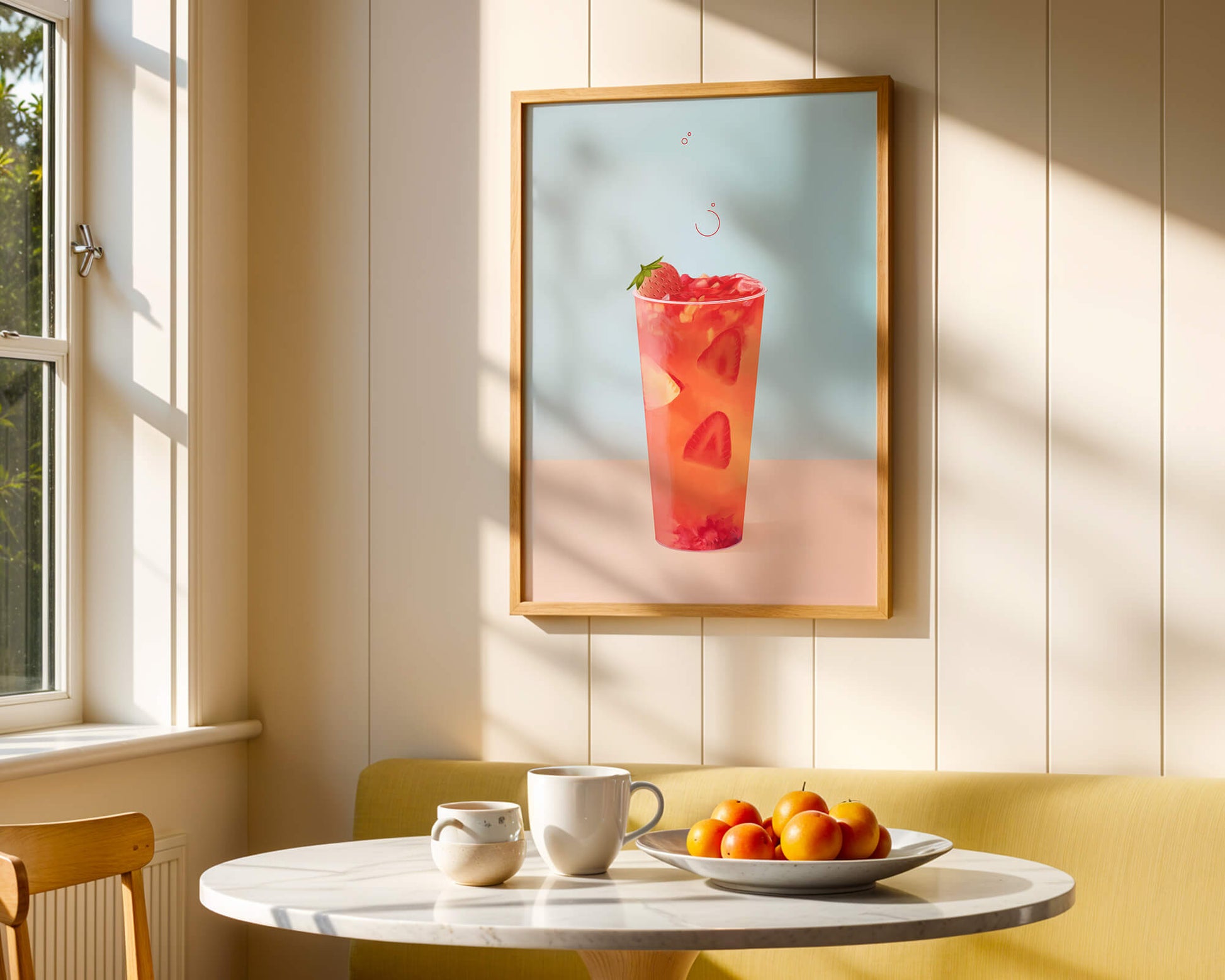 Refreshing strawberry drink with floating slices on pastel background