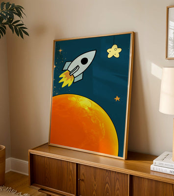Cartoon Rocket in Space with Yellow Star
