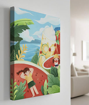Paysage estival coloré avec des fruits tropicaux et des enfants qui se détendent