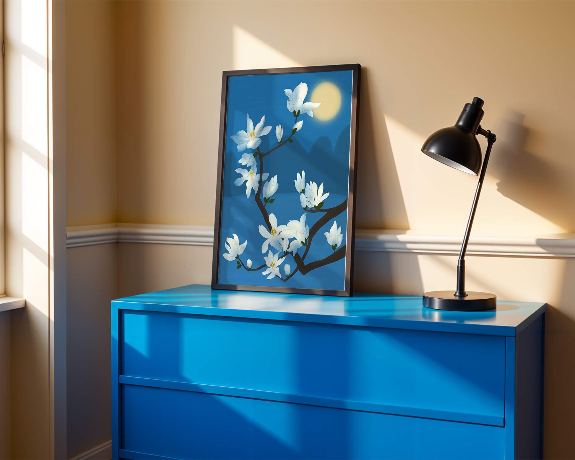 White magnolia branch under moonlight with blue background