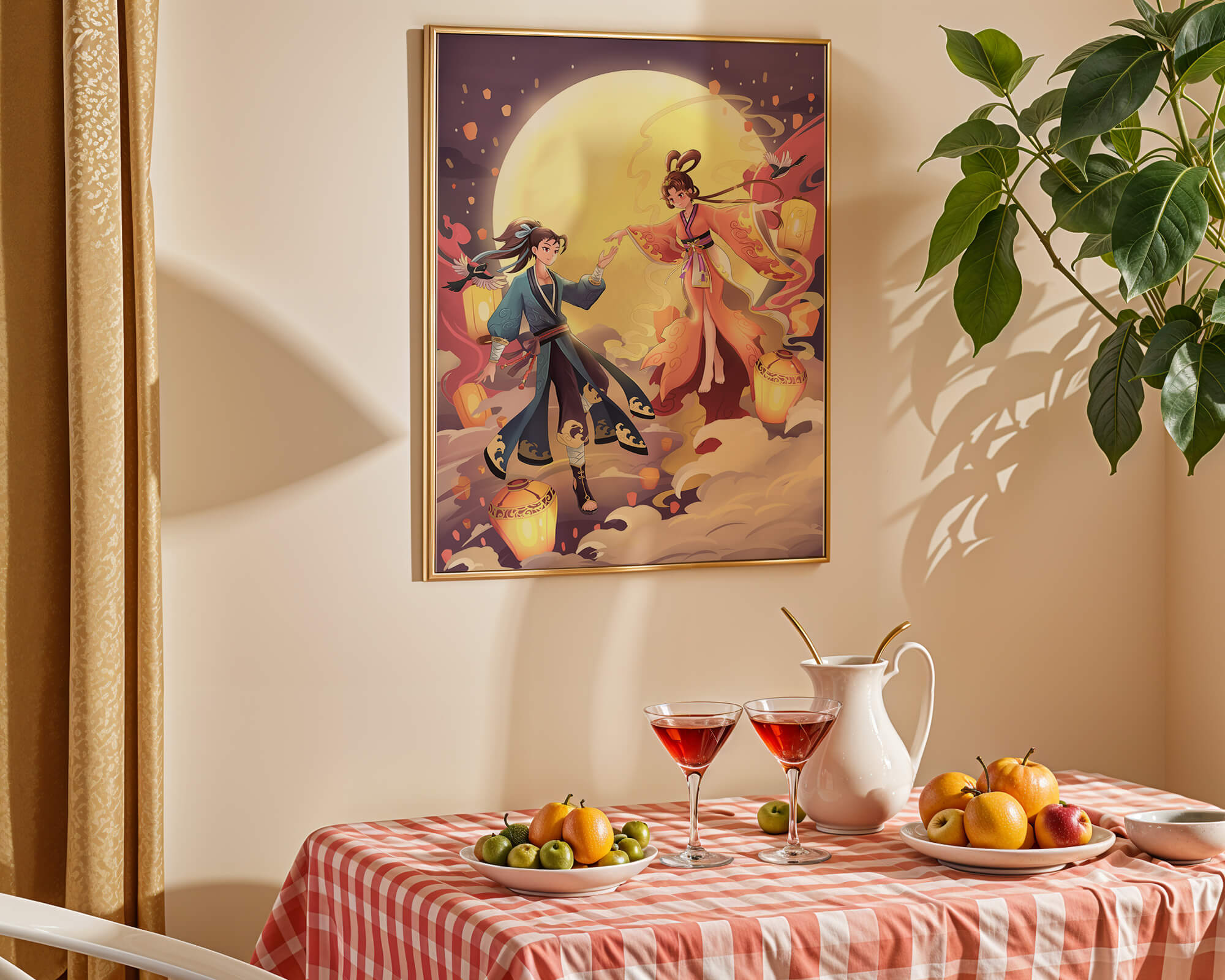 Elegant moonlit fantasy scene with traditional attire