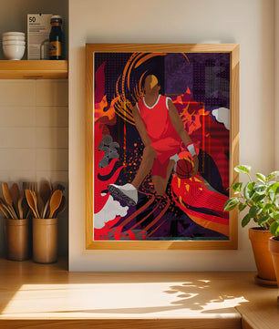 Ilustración dinámica de un jugador de baloncesto en movimiento con patrones abstractos