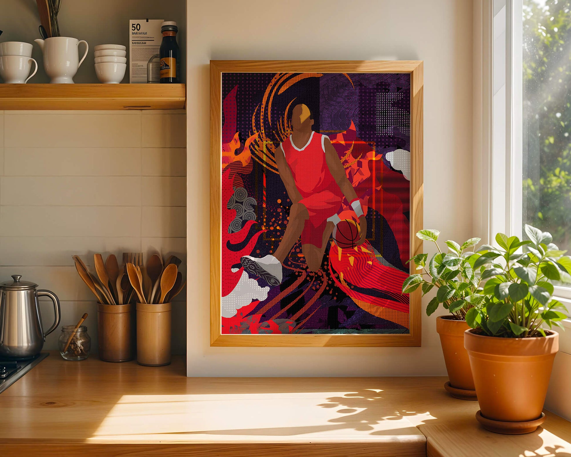 Dynamic illustration of a basketball player in motion with abstract patterns
