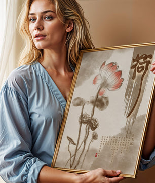 Lotus Flower with Asian Calligraphy in Watercolor Style - Mi tienda