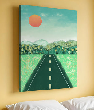 Serene Landscape with Road Leading to Sunset and Lush Greenery