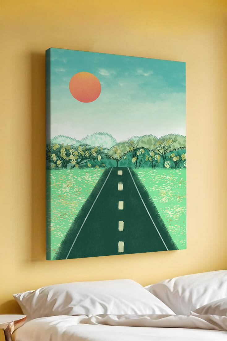 Serene Landscape with Road Leading to Sunset and Lush Greenery