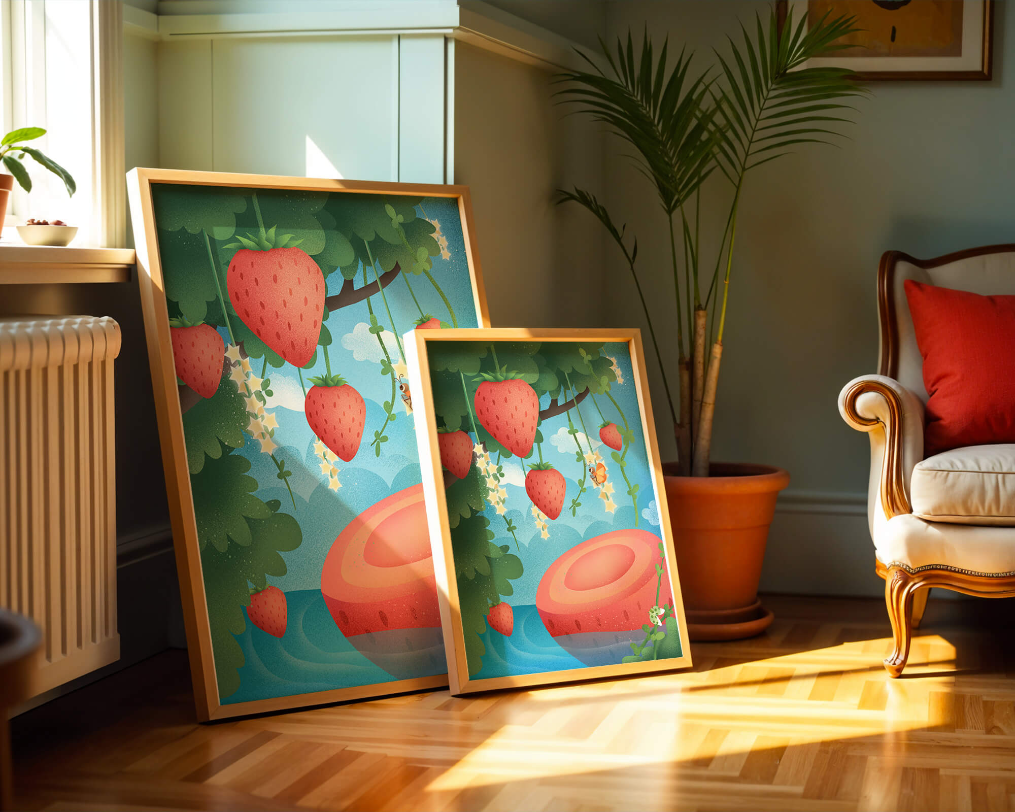 Illustrated strawberries in a whimsical garden setting