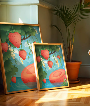 Illustrated strawberries in a whimsical garden setting