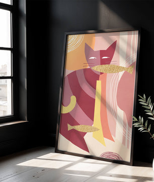 Abstract cat artwork with gold accents and colorful patterns