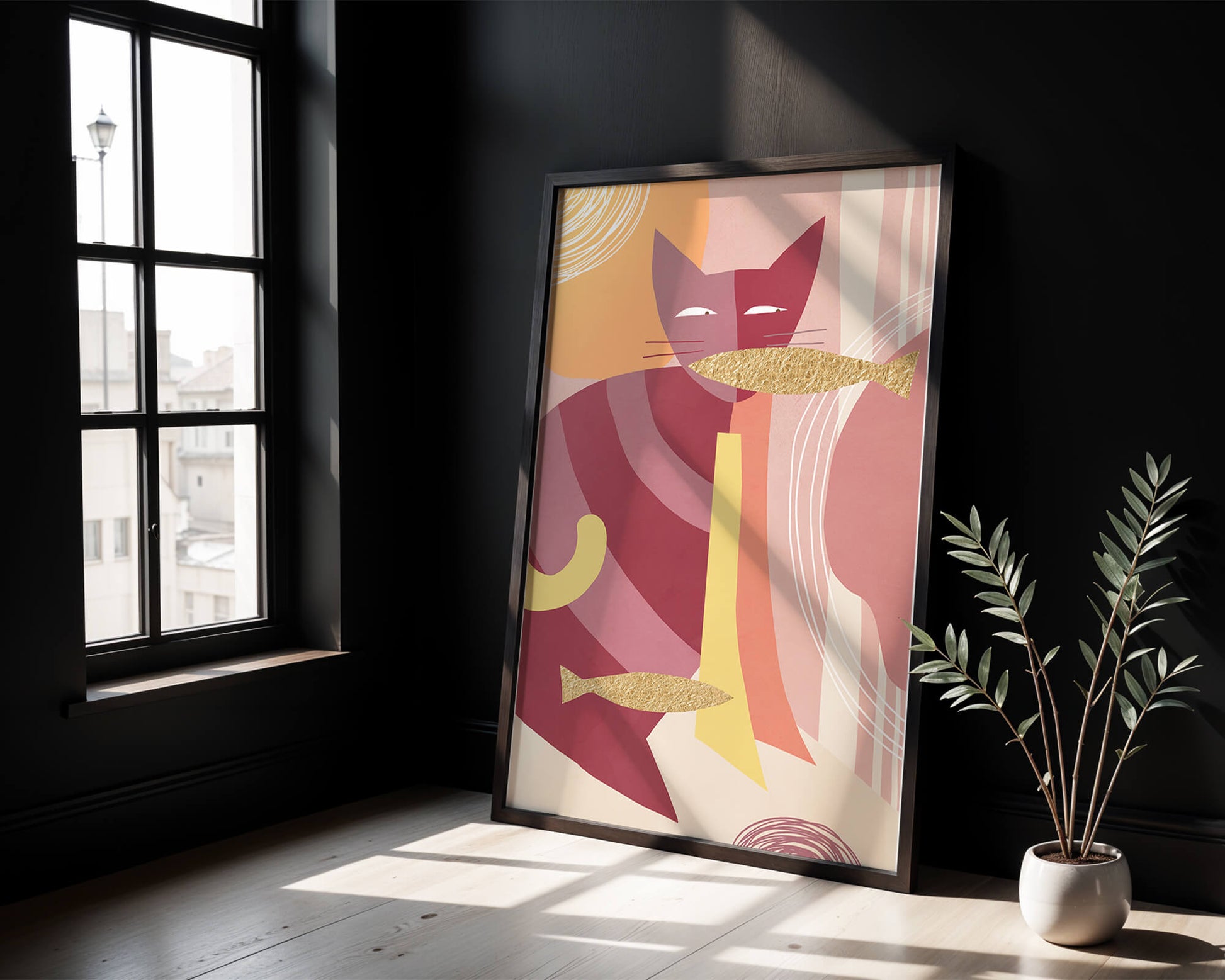 Abstract cat artwork with gold accents and colorful patterns