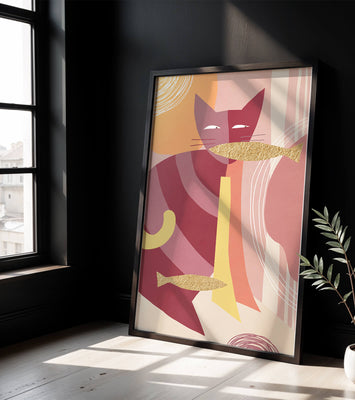 Abstract cat artwork with gold accents and colorful patterns