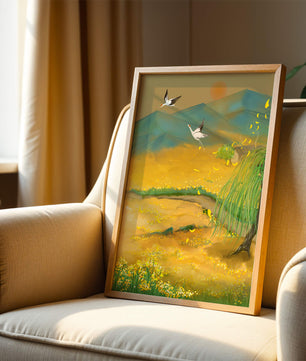 Ruhige Landschaft mit fliegenden Kranichen und goldenen Blüten