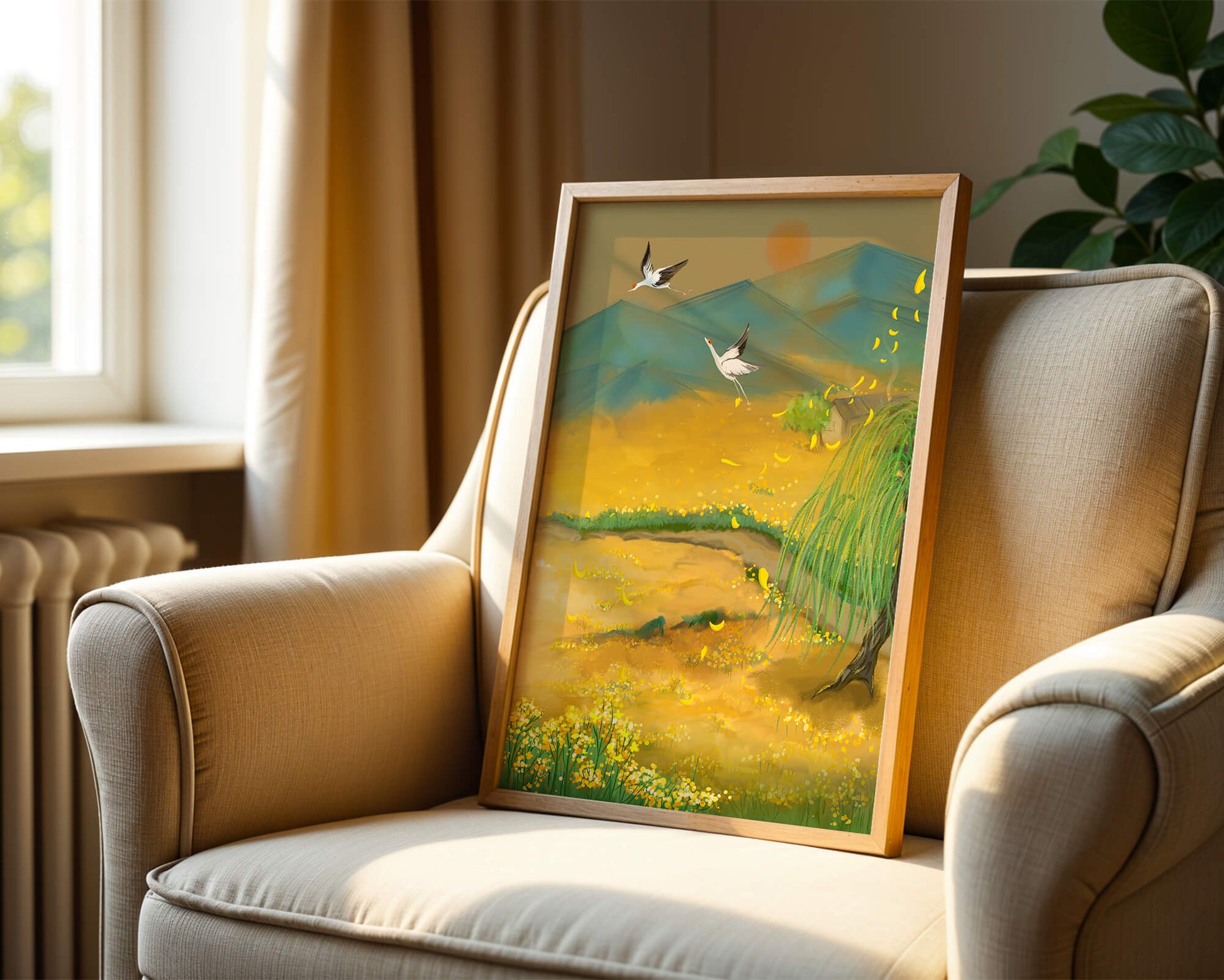 Ruhige Landschaft mit fliegenden Kranichen und goldenen Blüten