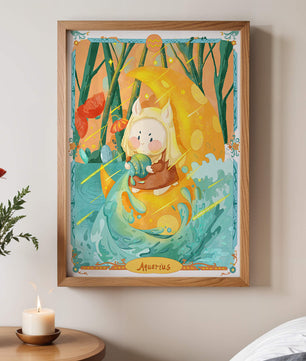 Aquarius zodiac illustration with whimsical character and vibrant colors
