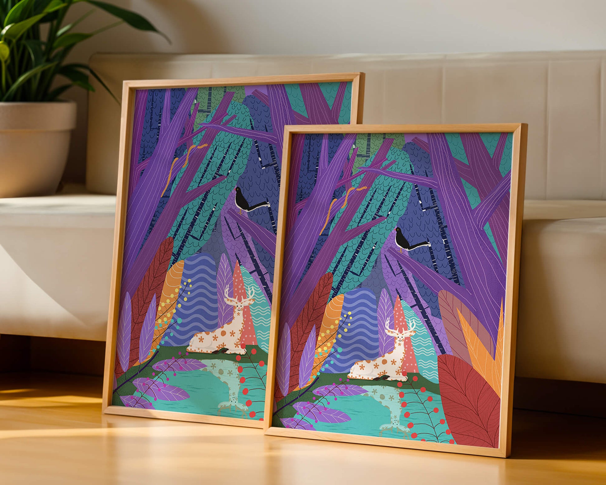 Colorful forest scene with deer and bird under vibrant foliage