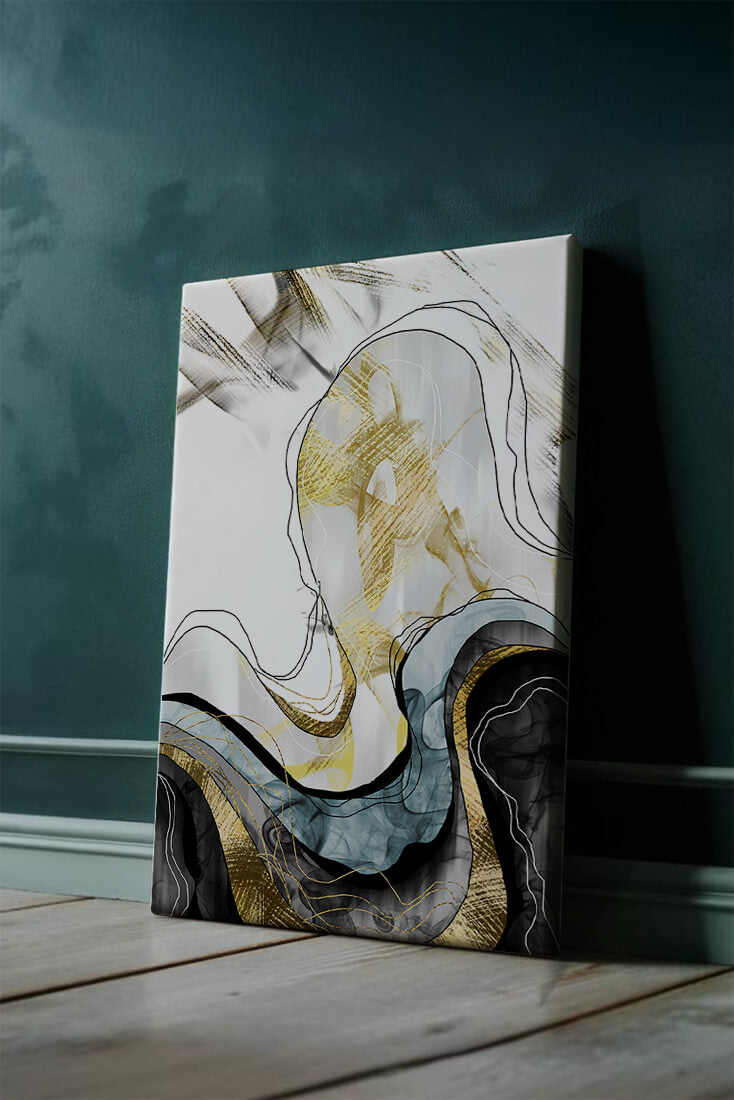 Arte abstracto con líneas fluidas y detalles dorados