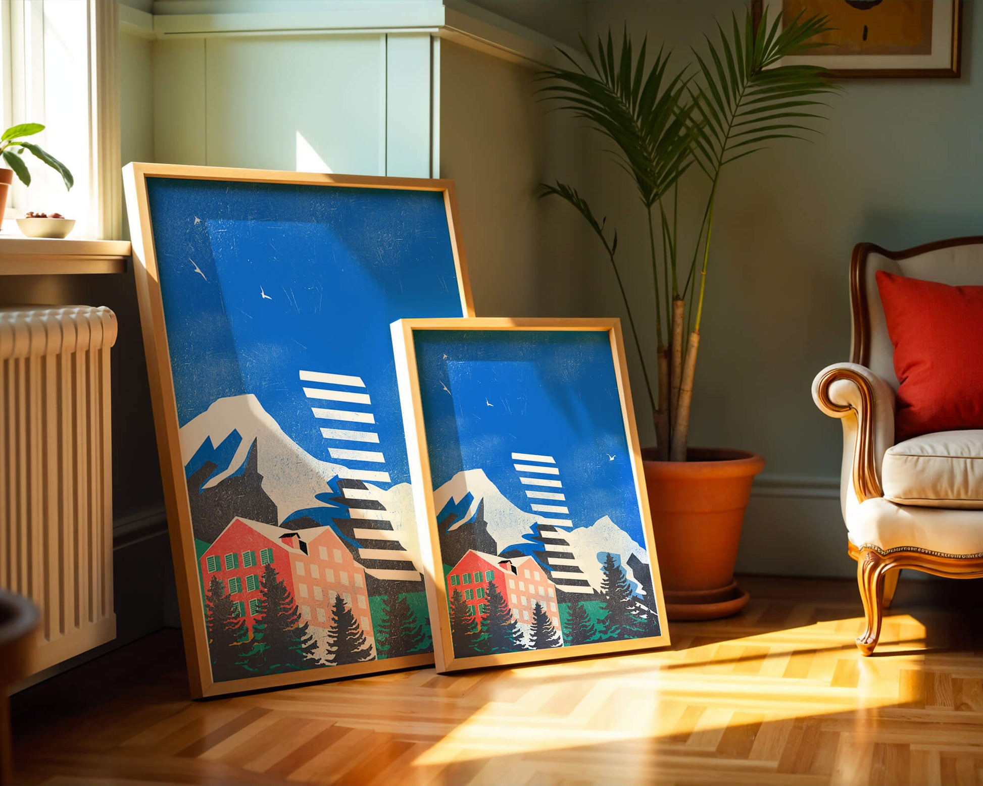 Mountain Resort in a Vibrant Landscape with Blue Sky and Birds