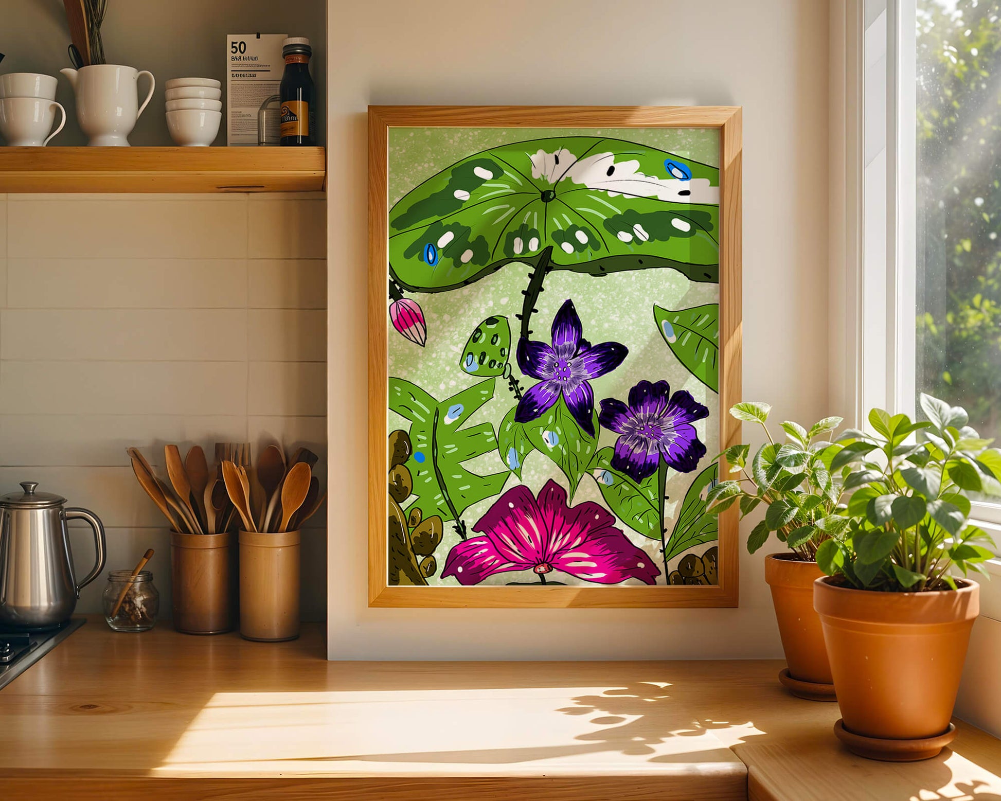 Bunte Blumenillustration mit exotischen Blumen und Blättern