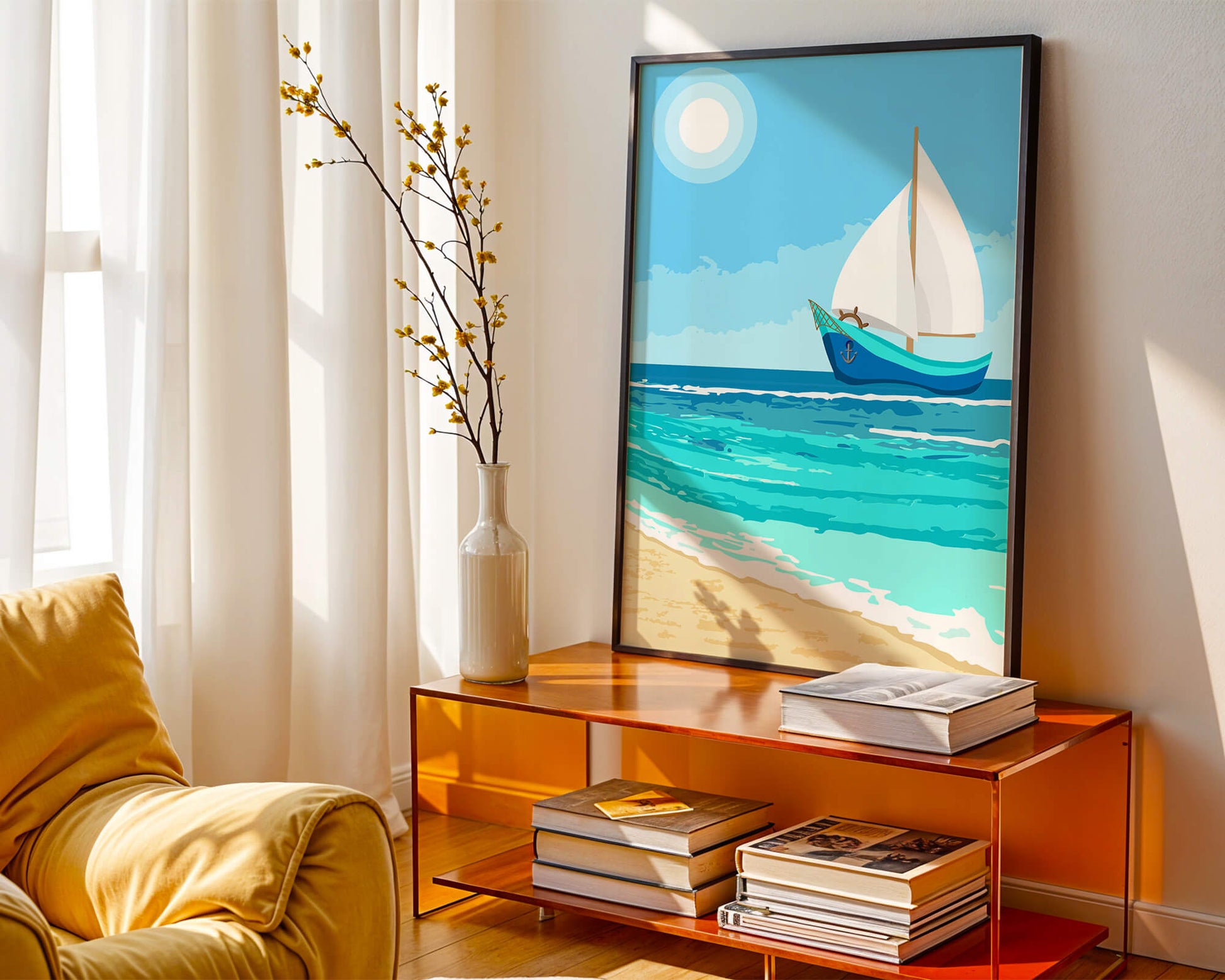 Serene ocean scenery with sailboat under the sun