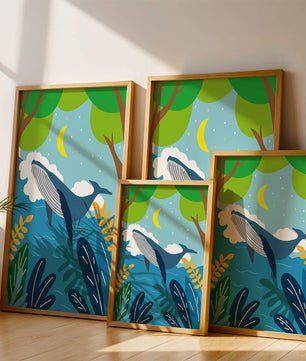Illustration eines Wals in einer farbenfrohen Waldszene mit Mond und Pflanzen