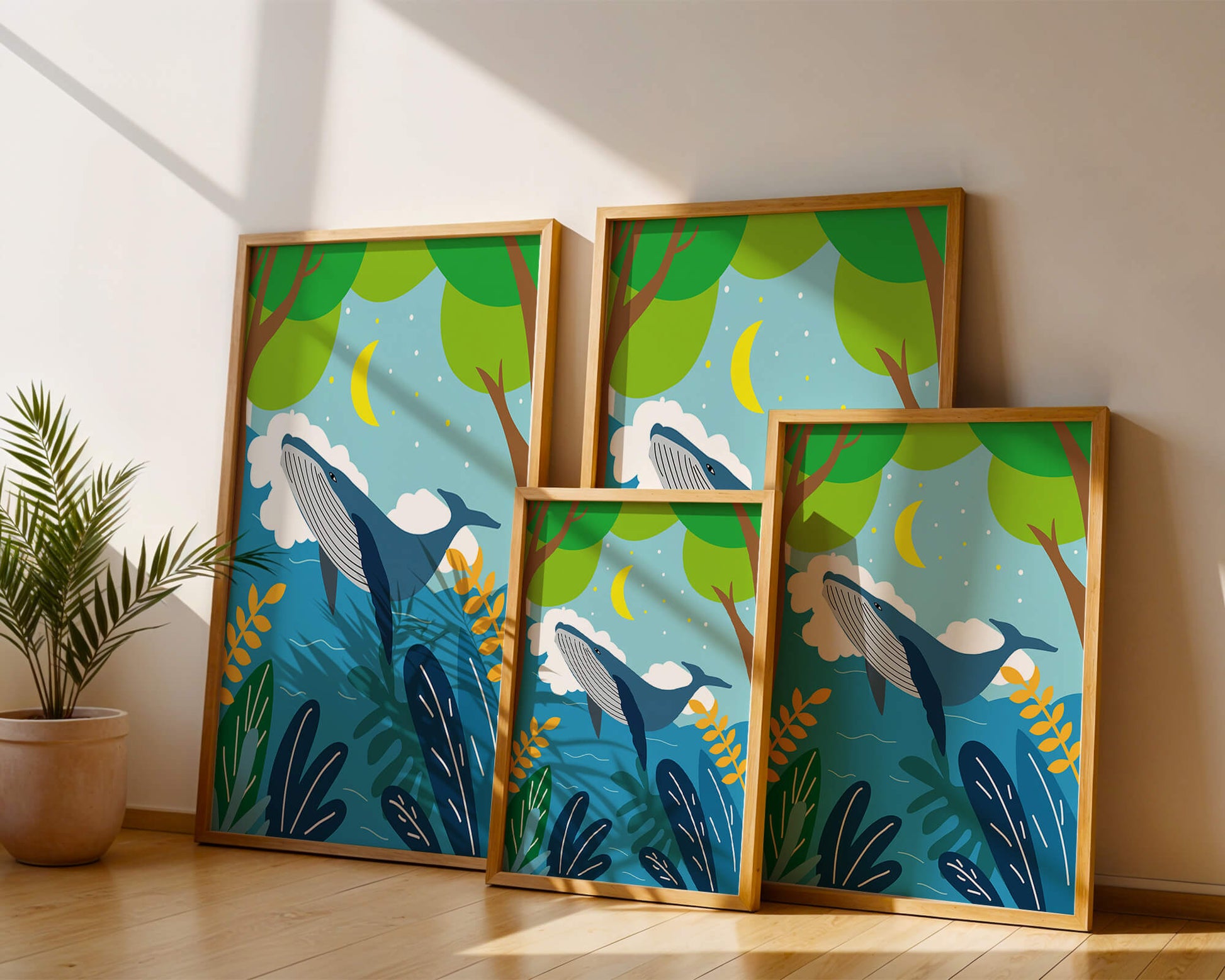 Illustration of a whale in a colorful forest scene with moon and plants