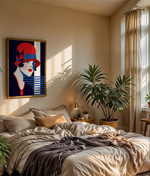 Femme élégante de style art déco avec chapeau cloche rouge et motifs géométriques