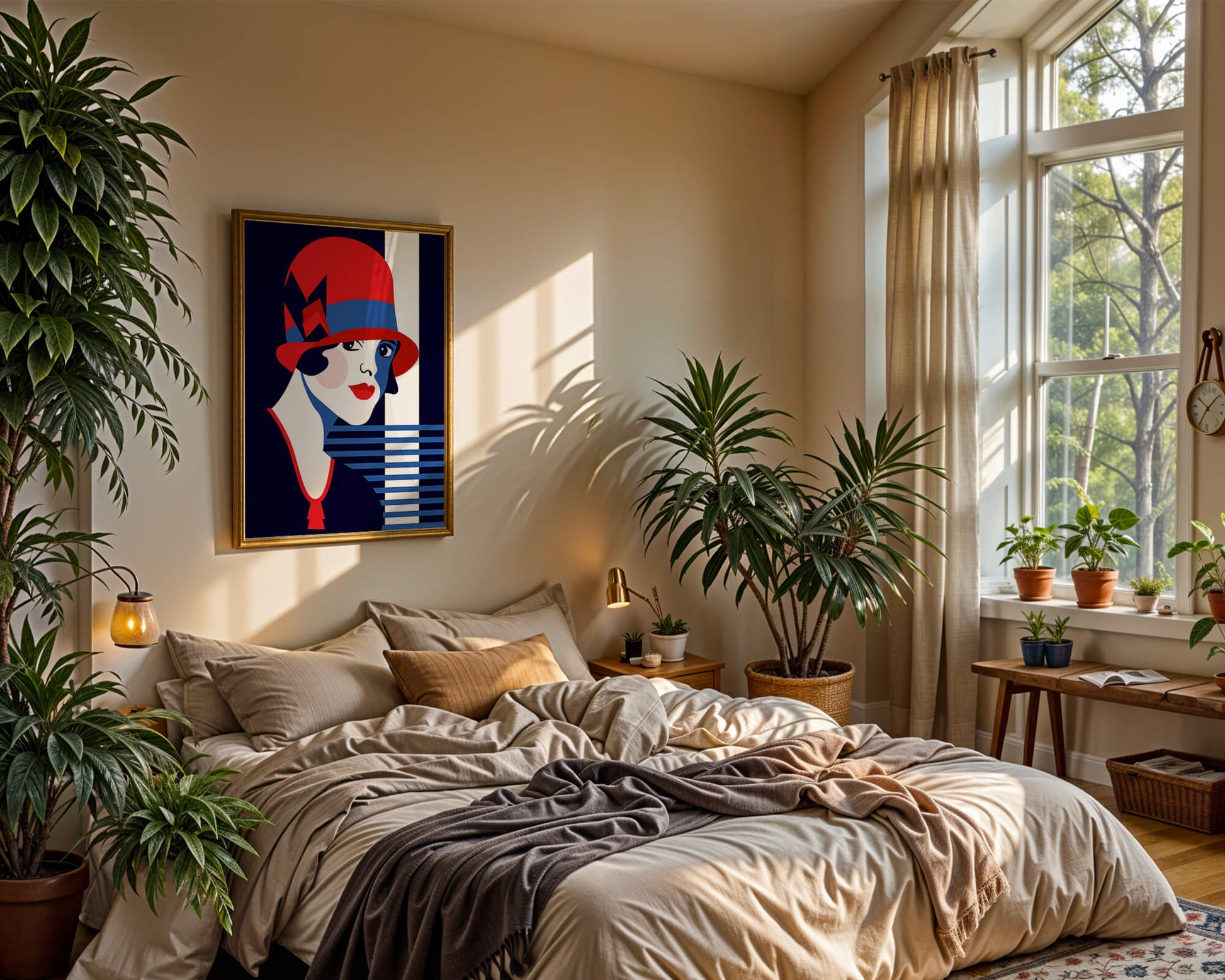 Elegante mujer de estilo art déco con sombrero cloche rojo y patrones geométricos.