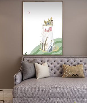 Whimsical Landscape with Fantasy Village and Watermelon Elements