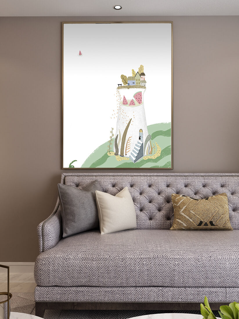Whimsical Landscape with Fantasy Village and Watermelon Elements