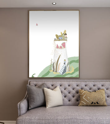 Whimsical Landscape with Fantasy Village and Watermelon Elements