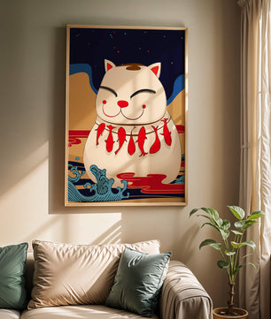 Japanese Lucky Cat with Fish Design in a Surreal Landscape