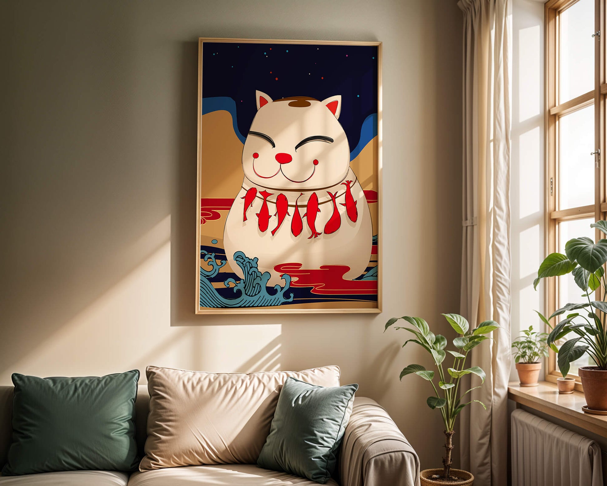 Japanese Lucky Cat with Fish Design in a Surreal Landscape