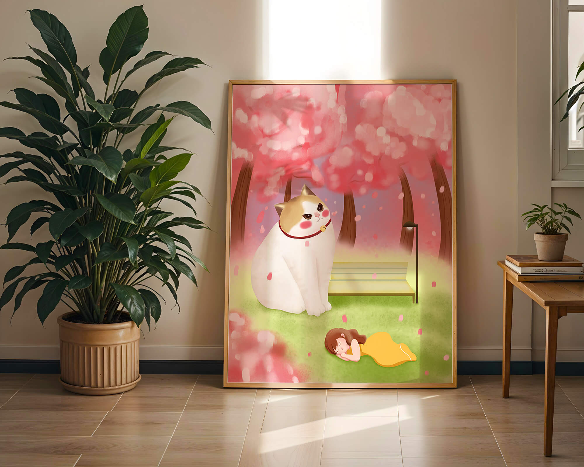 Whimsical scene with giant cat and girl under cherry blossoms