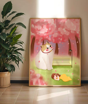 Whimsical scene with giant cat and girl under cherry blossoms
