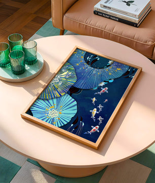Scène sous-marine vibrante avec des carpes koï et un motif floral abstrait