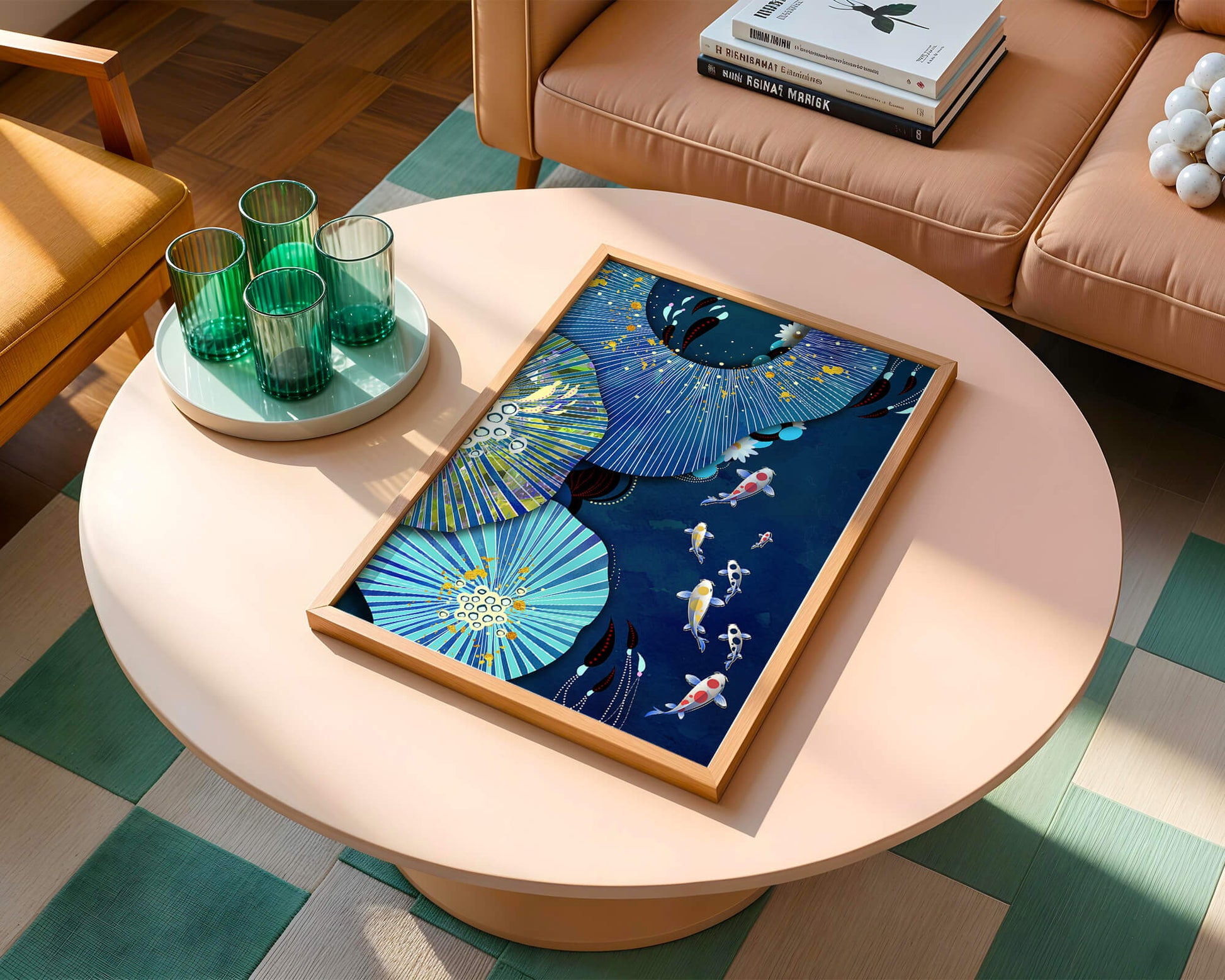 Vibrant underwater scene with koi fish and abstract floral design