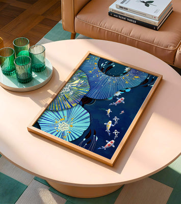 Vibrant underwater scene with koi fish and abstract floral design